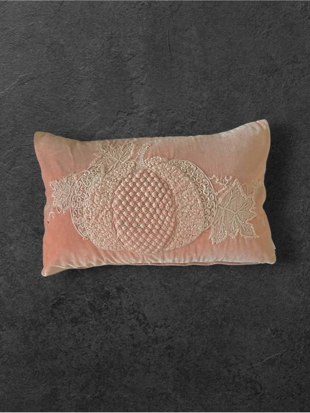 Gifts of Harvest Pumpkin embroidered with vines cover over duck feather pillow.